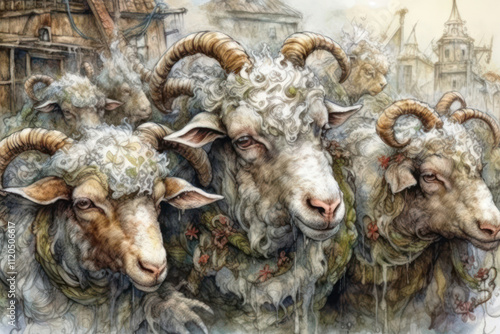 group of sheep with large curled horns standing against the backdrop of ancient buildings and architectural structures.  photo