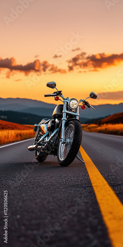 Vintage Motorcycle Parked on Open Road at Sunset with Scenic Mountain View and Dramatic Sky