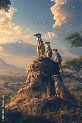 Serene Meerkats Watch Over a Scenic Landscape at Sunset with Majestic Mountains in the Background