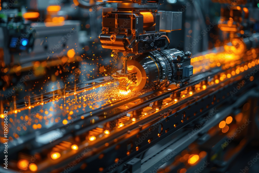 industrial process on high-tech production equipment. At the center of the composition is a complex machine processing a part using sparks and bright lights, indicating intensive production industrial process on high-tech production equipment. At the center of the composition is a complex machine processing a part using sparks and bright lights, indicating intensive production