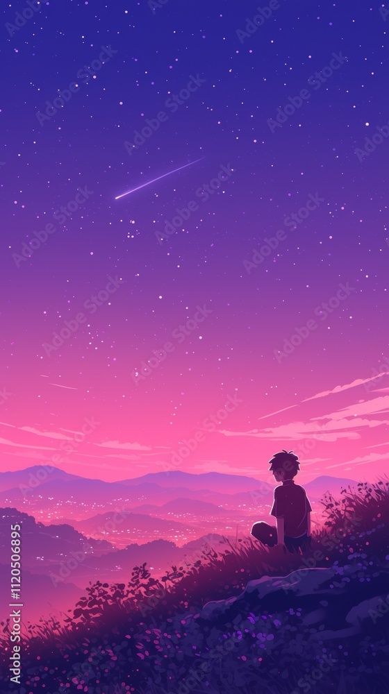 Silhouette of a Person Contemplating a Starry Night Landscape. Vibrant Anime Illustration. Silhouette of a Person Contemplating a Starry Night Landscape. Vibrant Anime Illustration.