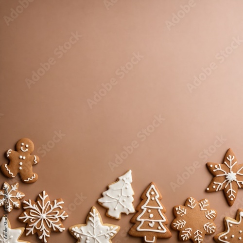 Sugar cookies still life bottom border with copy space. Top view festive fall flat lay at pastel mocha mousse brown background. Christmas or New Year celebration minimalistic concept.