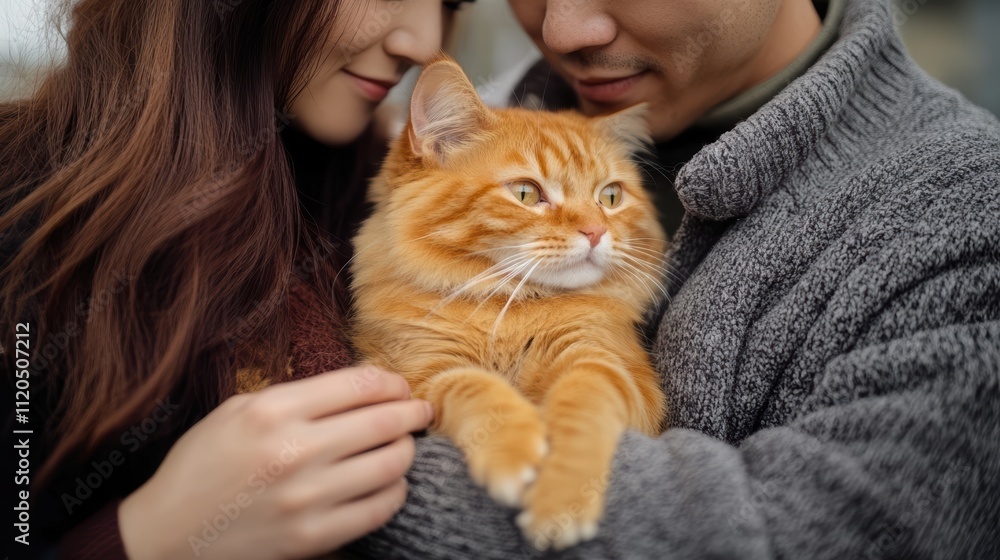 Young couple holding and cuddling with their ginger cat Young couple holding and cuddling with their ginger cat