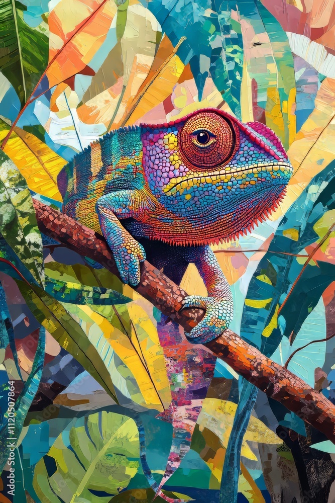 Fototapeta premium Vivid Chameleon Among Lush Tropical Leaves in a Colorful Mosaic Style