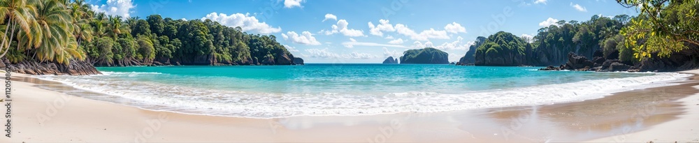 Breathtaking panoramic view of a secluded beach with turquoise waters, lush greenery, and rocky cliffs under a clear sky. Breathtaking panoramic view of a secluded beach with turquoise waters, lush greenery, and rocky cliffs under a clear sky.