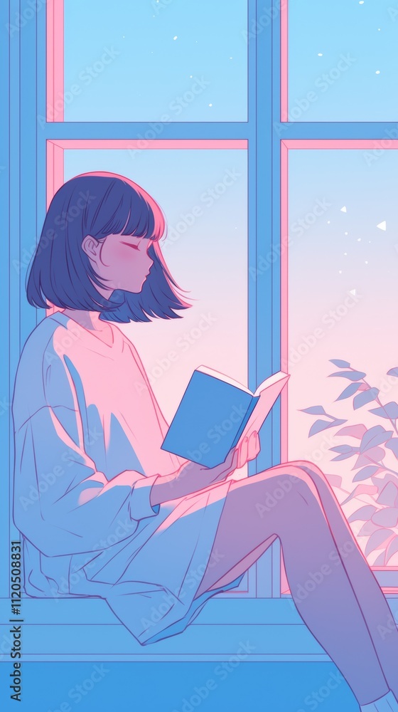 Girl Reading a Book by the Window at Sunset. Vibrant Anime Illustration. Girl Reading a Book by the Window at Sunset. Vibrant Anime Illustration.