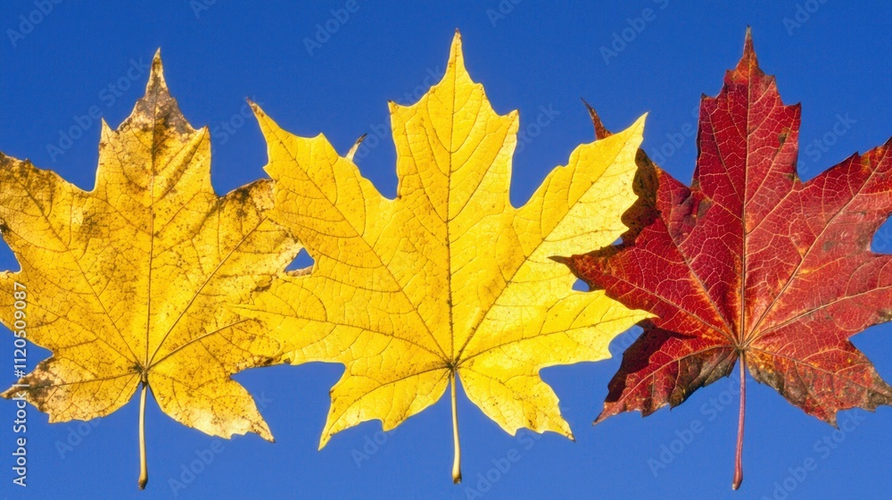 Obraz premium Colorful autumn leaves against a clear blue sky.