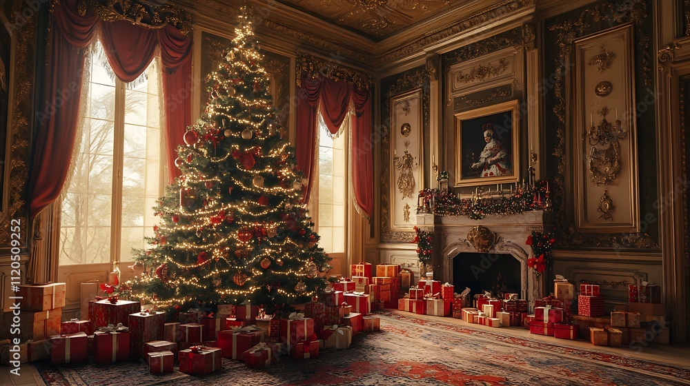 Richly decorated Christmas tree with many presents in an old-fashioned room. Richly decorated Christmas tree with many presents in an old-fashioned room.