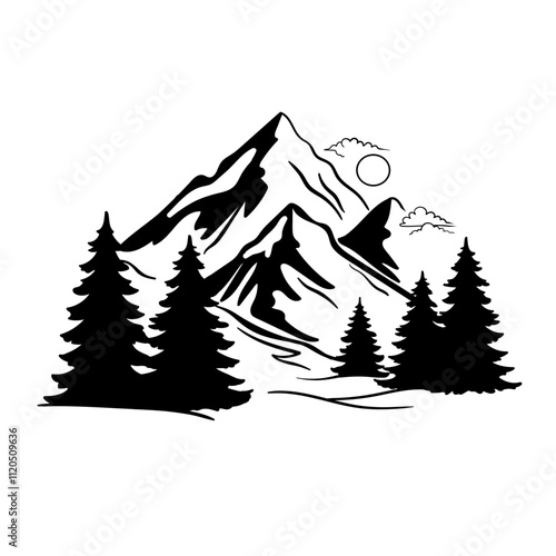 Mountains Hills and Forest Colorless black and white graphics, mountain landscape