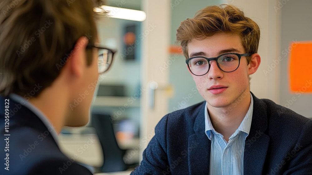 Two young men in business attire have a serious conversation in an office. Two young men in business attire have a serious conversation in an office.