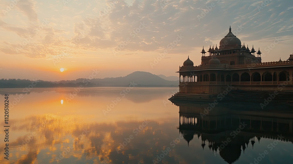 Fototapeta premium Sunrise over calm lake reflecting ancient architecture.