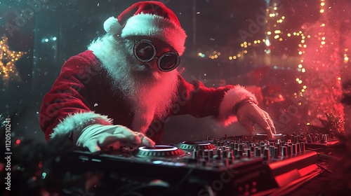 Santa Claus as a punk DJing in a nightclub, combining holiday cheer with an edgy twist. photo