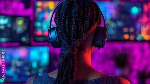 Woman gamer playing video games on multiple monitors in a brightly lit room. photo