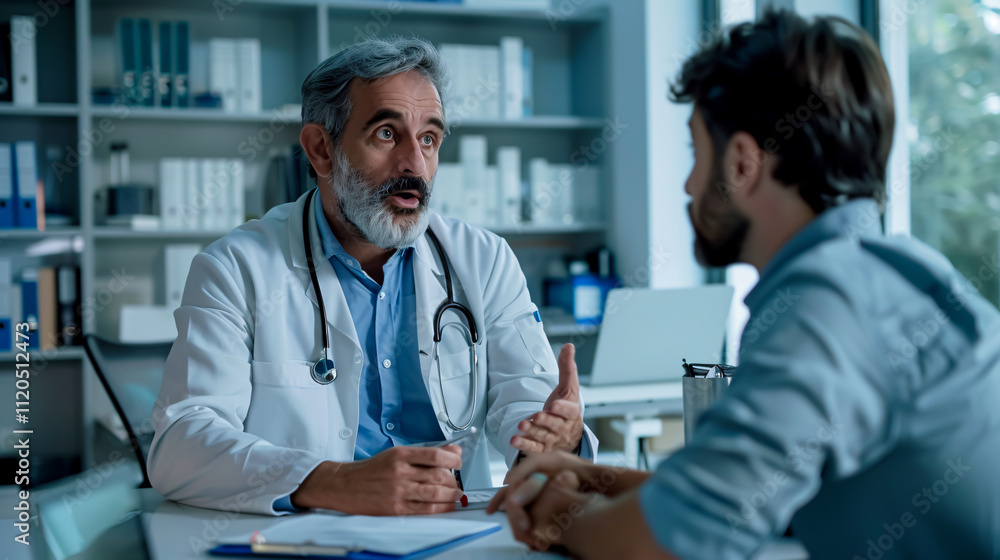 Doctor discussing with a patient while seated at a desk in a hospital. Doctor discussing with a patient while seated at a desk in a hospital.