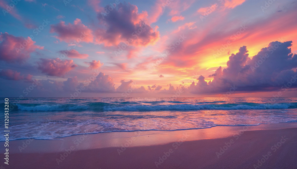 Obraz premium A peaceful sunset over the ocean, with waves gently lapping at the sandy beach.