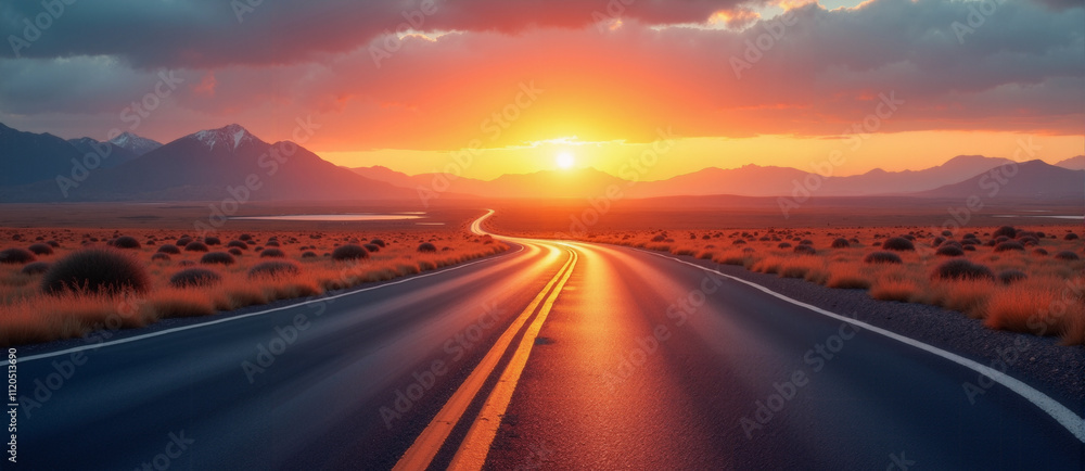 Winding highway illuminated by the warm glow of a setting sun Winding highway illuminated by the warm glow of a setting sun