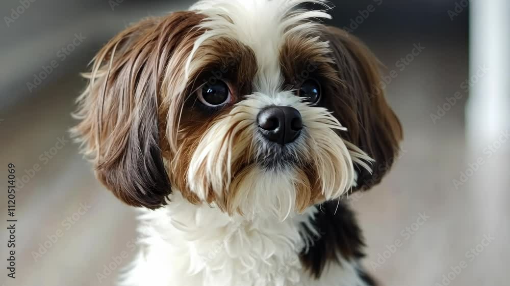 Adorable small dog with fluffy coat poses for a close-up at home on a sunny day Adorable small dog with fluffy coat poses for a close-up at home on a sunny day