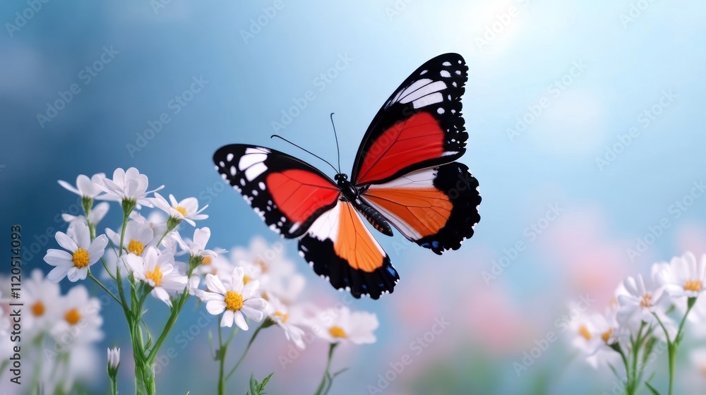 Fototapeta premium A vibrant butterfly hovering over blooming flowers in soft light.