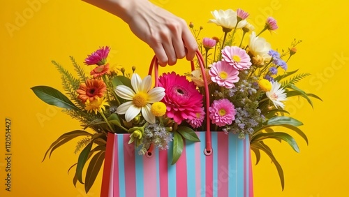 Wallpaper Mural Vibrant Floral Bouquet in Pink Blue Striped Shopping Bag, Sunny Yellow Background, Delicate Hand Holding Torontodigital.ca
