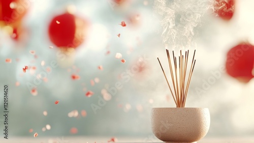 A serene temple ceremony where people light incense sticks and place offerings in front of a statue for blessings in the New Year photo