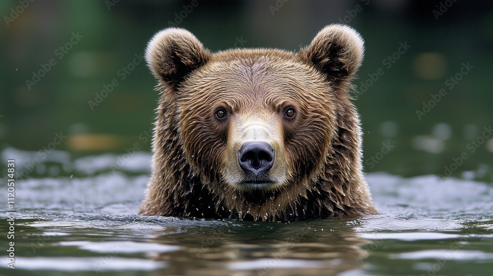 A magnificent brown bear emerges from the calm waters, droplets shimmering in the soft sunlight. Surrounded by nature, it showcases strength and beauty in its natural habitat A magnificent brown bear emerges from the calm waters, droplets shimmering in the soft sunlight. Surrounded by nature, it showcases strength and beauty in its natural habitat