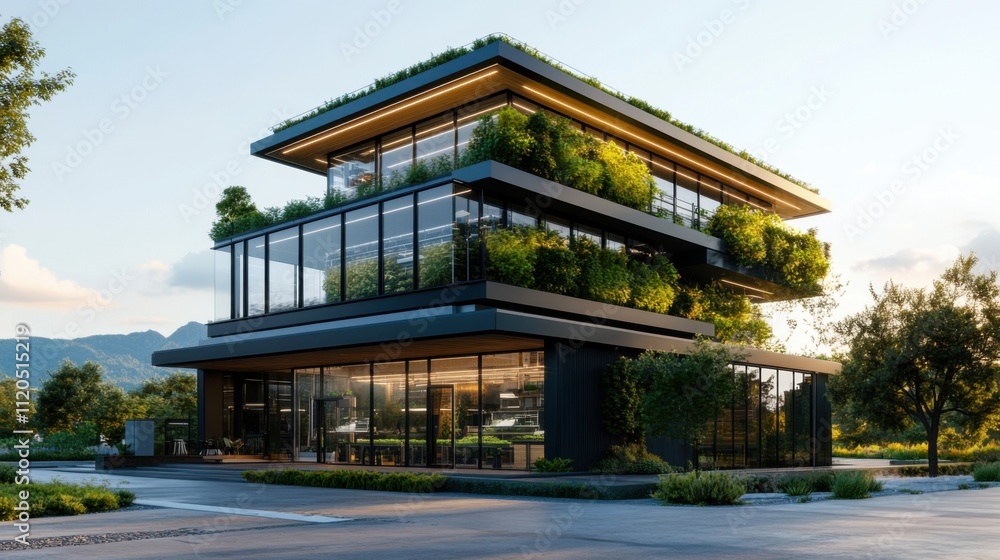 Modern eco-friendly building design surrounded by lush greenery, showcasing innovative architecture and sustainable practices in a serene outdoor setting Modern eco-friendly building design surrounded by lush greenery, showcasing innovative architecture and sustainable practices in a serene outdoor setting