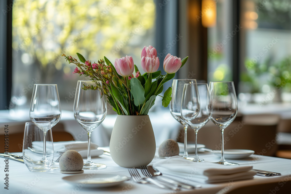 Elegant dining with fresh flowers and fine glassware in a serene setting Elegant dining with fresh flowers and fine glassware in a serene setting