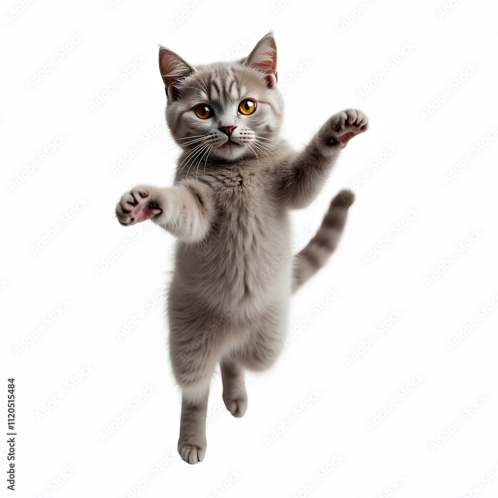 Obraz premium Playful Kitten Leap - Cute Cat Photo, White Background