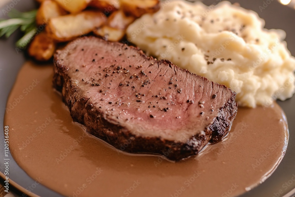 A gourmet steak dinner with rich gravy and mashed potatoes. A gourmet steak dinner with rich gravy and mashed potatoes.