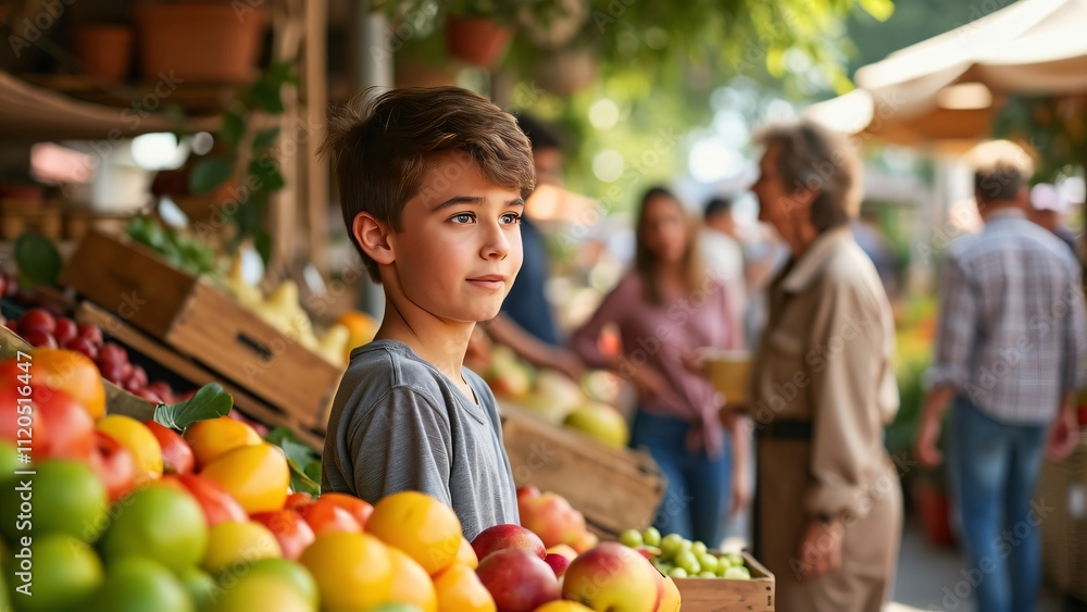 Fototapeta premium Curious Adolescent Boy at Vibrant Farmers Market Fruit Stand, A Family Shopping Day