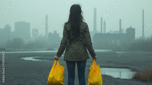 Solitary Woman with Empty Grocery Bags in Desolate Industrial Landscape, AI-Generated Image of Isolation and Environmental Degradation