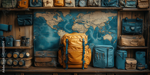 Eco-Friendly Travel Gear in Front of World Map for Sustainable Adventure photo