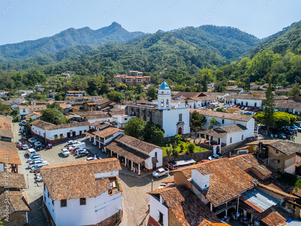 Fototapeta premium Church of San Sebastian del Oeste and in the Background the Cerro de la Bufa. Jalisco, Mexico