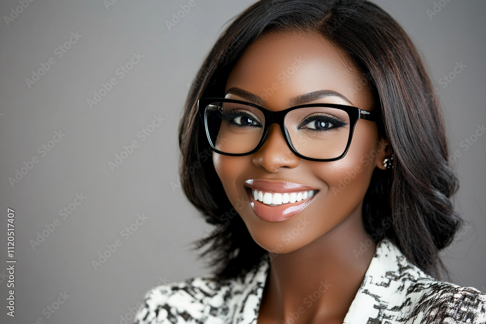 Smiling woman with glasses showcasing professional confidence Smiling woman with glasses showcasing professional confidence