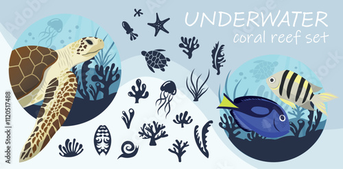 Underwater set includes: Editable EPS file with separate layers for all elements. Individual illustrations of sea turtle, fish, and coral reef. High-resolution preview showing all available elements.