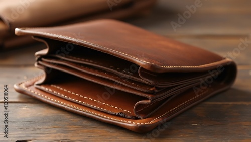 Luxurious Hand-Tooled Brown Leather Wallet, Exquisite Detail, Precision Cut Edges, & Intricate Stitching - High-Resolution PNG photo