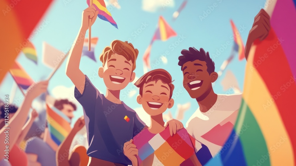 Fototapeta premium Joyful diverse men at a pride parade, holding rainbow flags, celebrating inclusivity and love.