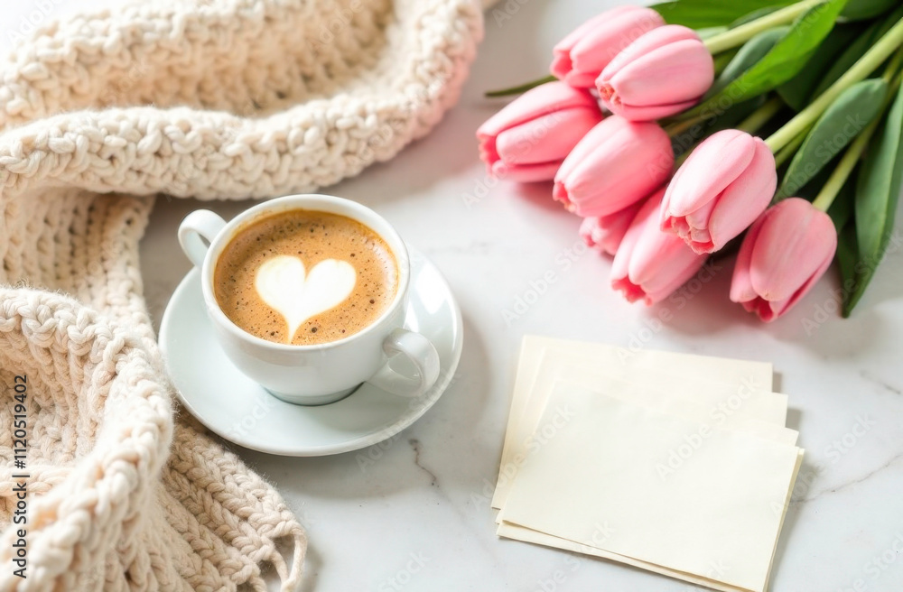 Elegant Spring Morning Setup with Heart-Latte Art Coffee, Pink Tulips, and Cozy Blanket – Perfect for Valentine’s Day or Women’s Day Themes, Featuring Delicate Romantic Details Elegant Spring Morning Setup with Heart-Latte Art Coffee, Pink Tulips, and Cozy Blanket – Perfect for Valentine’s Day or Women’s Day Themes, Featuring Delicate Romantic Details