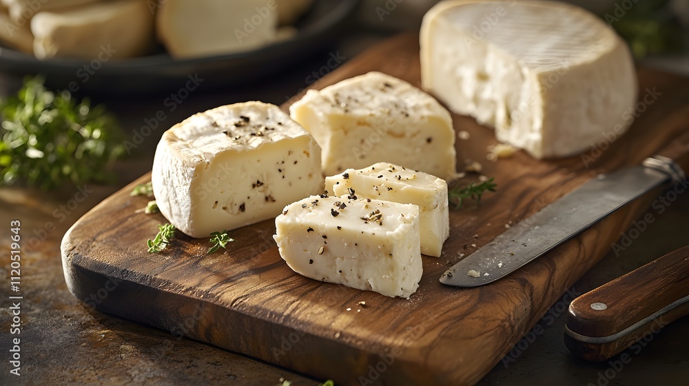 Creamy Cheese Selection on Wooden Board with Herbs Creamy Cheese Selection on Wooden Board with Herbs