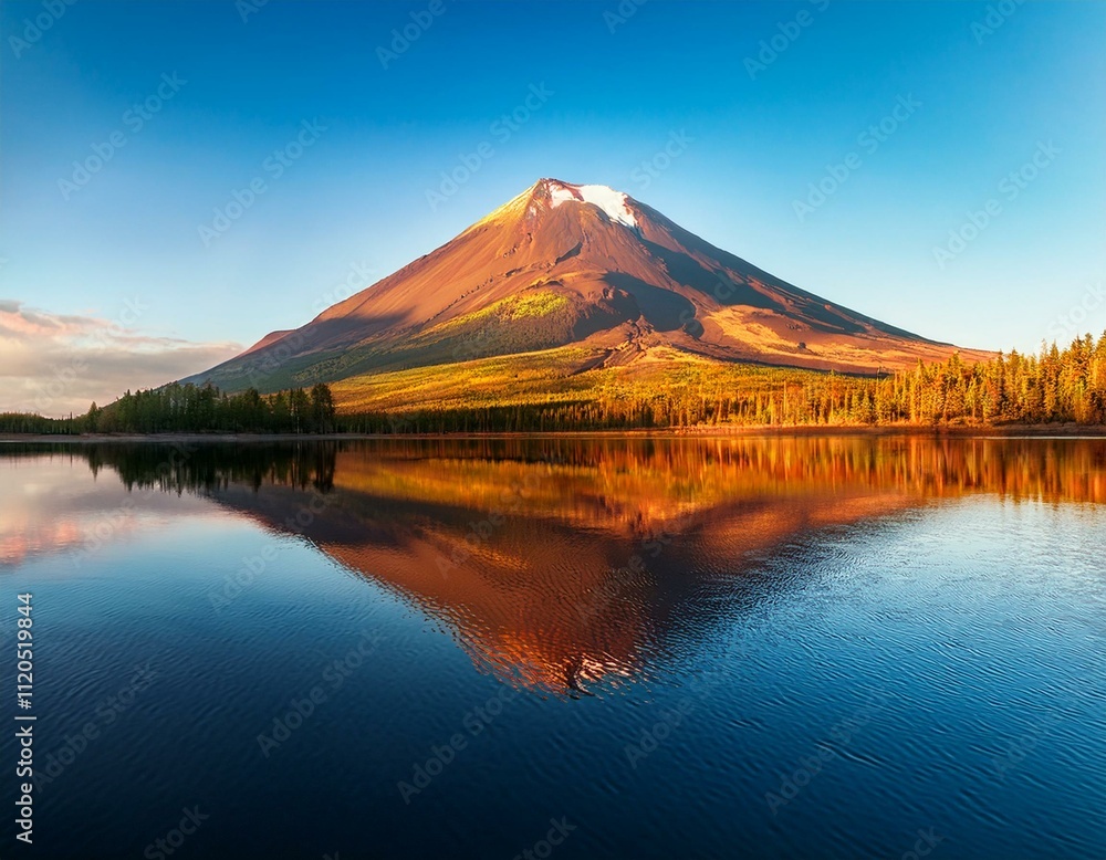 Naklejka premium Generated imageVolcanic mountain in morning light reflected in calm waters of lake.