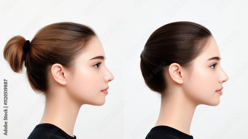 Profile comparison of a woman with different hairstyles. Profile comparison of a woman with different hairstyles.