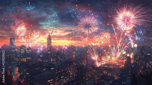 City skyline illuminated by vibrant fireworks at sunset.