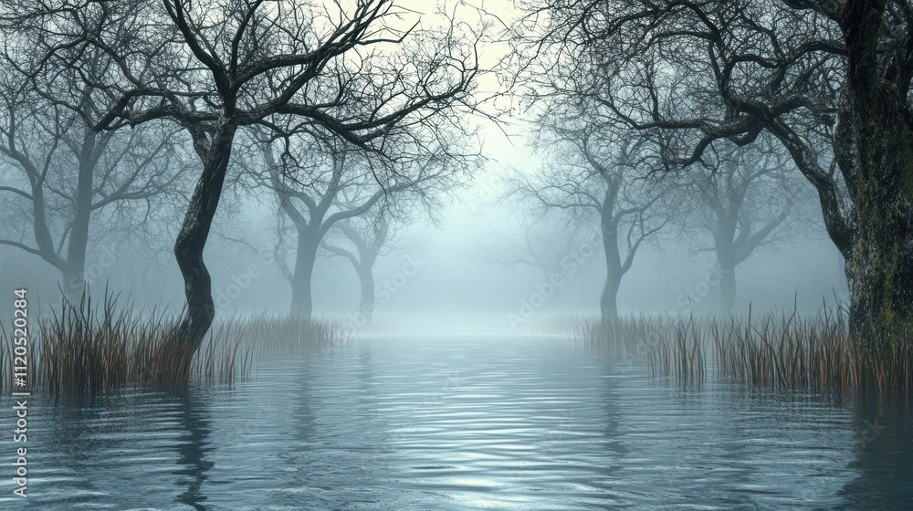 Flooded forest with bare trees and fog creating a mysterious atmosphere Flooded forest with bare trees and fog creating a mysterious atmosphere
