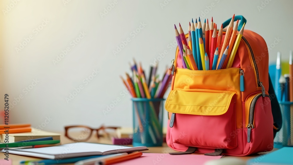Fototapeta premium Vibrant Colored School Backpack Filled with Colorful Pencils Ready for School, Back to School Supplies Concept