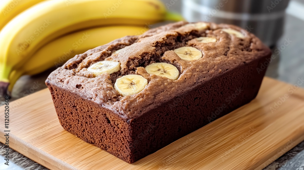 Delightful brown rice flour banana bread resting on a wooden board beside ripe bananas, capturing the essence of homemade baking in a cozy kitchen atmosphere on a sunny afternoon Delightful brown rice flour banana bread resting on a wooden board beside ripe bananas, capturing the essence of homemade baking in a cozy kitchen atmosphere on a sunny afternoon