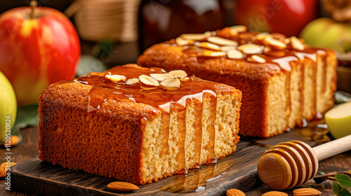 Rustic honey pound cakes elegantly drizzled with honey, surrounded by fresh apples and almonds in a warm kitchen atmosphere photo