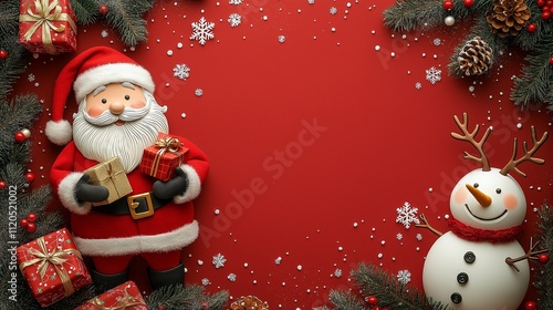 A festive holiday card with Santa Claus holding a gift and a snowman
