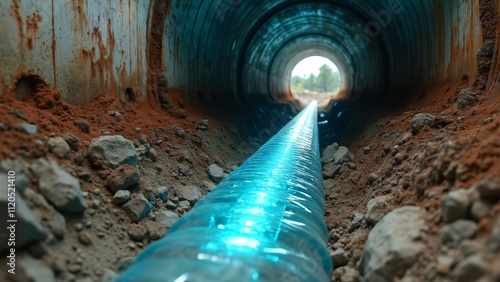 Wallpaper Mural Underground Pipeline Installation, Cross-Section View of Translucent Resin Pipe in Rusty Excavated Tunnel with Bright Fluorescent Lighting Torontodigital.ca