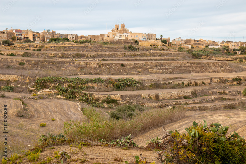 Gozo (Għawdex) Island landscape around the village of Għarb and Basilica and Collegiate Parish church of the Visitation of Our Lady (Santwarju Bażilika tal-Madonna ta' Pinu) Malta