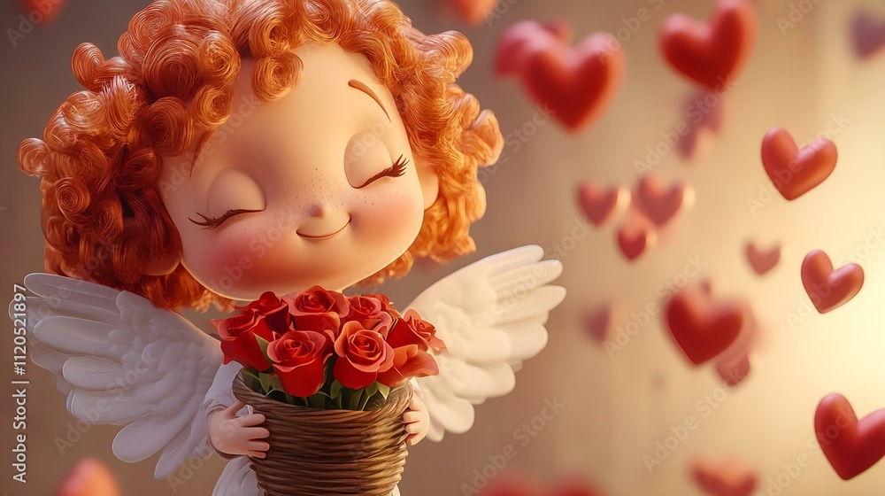 Fototapeta premium Cute angel with curly red hair holding a basket of red roses surrounded by floating hearts in a warm glow with copy space 